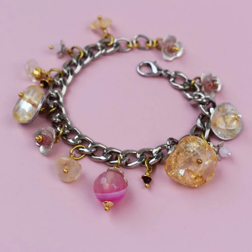 Chunky colorful charm silver chain bracelet, pink gemstone bead dangle bracelet